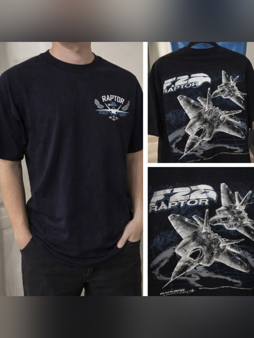 F-22 Raptor Graphic Tee Black Stealth Fighter Jet Back Print Aviation Shirt XL